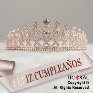 SET VINCHA Y BANDA FELIZ CUMPLEA�OS PIEDRAS Y STRASS ROSA GOLD (10548D) X 1